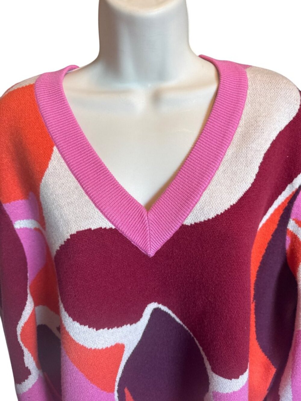 Crosby By Mollie Burch L Abstract Floral Puff Sleeve V Neck Knit Sweater Preppy - Picture 12 of 12